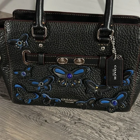 Mini Coach bag, black bag with blue butterflies on the front - Picture 3 of 4